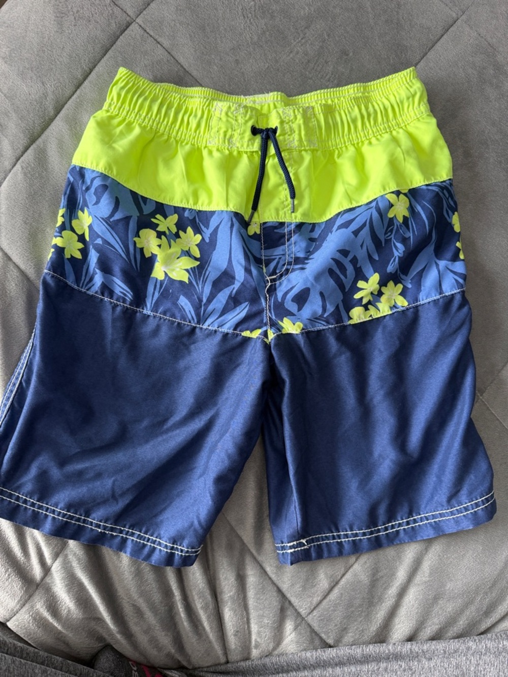 Boys Neon Lime & Navy Floral Swim Shorts